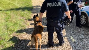 Policyjny przewodnik trzymający psa