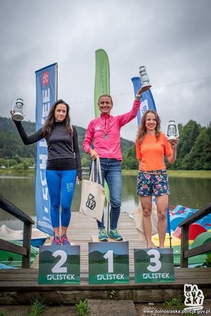 trzy kobiety stojące na podium zawodów sportowych