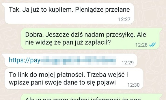 zrzut z ekranu telefonu, przedstawiający przykładową korespondencje z oszustami opisaną w tekście