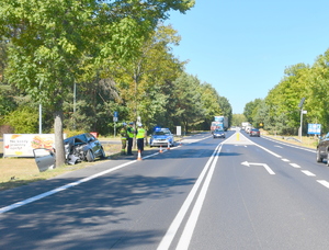 miejsce wypadku drogowego, widoczny samochód rozbity na drzewie, za nim radiowóz policyjny i stojący obok policjanci, samochody jadące drogą