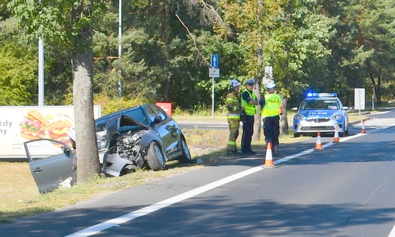 miejsce wypadku drogowego, widoczny samochód rozbity na drzewie, za nim radiowóz policyjny i stojący obok policjanci