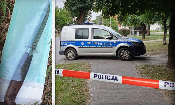 Od lewej nóż którym zatrzymany mężczyzna zaatakował policjantów i oznakowany radiowóz