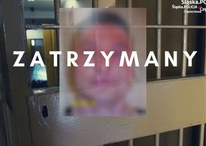 rozmyte zdjęcie zatrzymanego na tle kraty, na górze napis: Zatrzymany