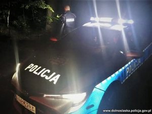 na zdjęciu w nocy stojący radiowóz na światłach, obok stojący policjant, w tle krzewy