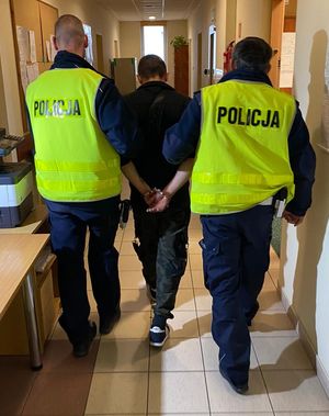 dwaj policjanci w żółtych kamizelkach z napisem Policja na plecach prowadzą zatrzymanego