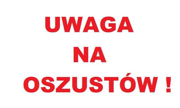 czerwony napis: Uwaga na oszustów na białym tle