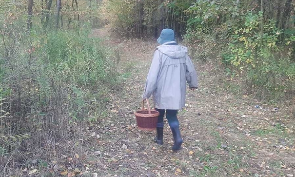 Kobieta idąca leśną drogą, w ręku trzyma z kosz na grzyby