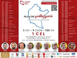 Na zdjęciu plakat informujący o sztafecie. Po prawej i po lewej stronie na pionowych czerwonych pasach dokładnie rozpisana  jest trasa sztafety z podaniem kilometrów i czasu mijanych miejscowości. Na środku na białym tle mapa biegu z jego nazwą oraz podstawowymi informacjami. Poniżej okrągłe zdjęcia wszystkich uczestników sztafety. Pod nimi loga patronów, partnerów oraz sponsorów przedsięwzięcia