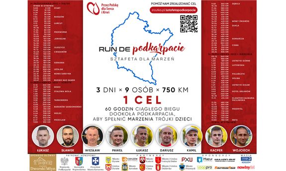 Na zdjęciu plakat informujący o sztafecie. Po prawej i po lewej stronie na pionowych czerwonych pasach dokładnie rozpisana  jest trasa sztafety z podaniem kilometrów i czasu mijanych miejscowości. Na środku na białym tle mapa biegu z jego nazwą oraz podstawowymi informacjami. Poniżej okrągłe zdjęcia wszystkich uczestników sztafety. Pod nimi loga patronów, partnerów oraz sponsorów przedsięwzięcia