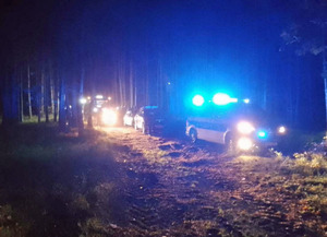 pora nocna, pojazdy służb stoją w lesie z włączonymi sygnałami świetlnymi