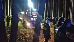 pora nocna, policjanci i strażacy w lesie podczas poszukiwań kobiety, na drodze leśnej stoją dwa wozy strażackie