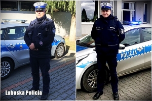 kolaż zdjęć, dwóch umundurowanych policjantów stoi przy radiowozie