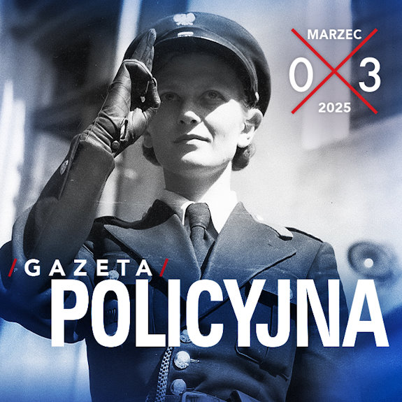 Fragment okładki marcowego numeru Gazetyt Policyjnej przedstawiający salutującą  policjantkę.