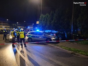 pora nocna - zatrzymane auto i policyjne radiowozy a przed nimi policjanci