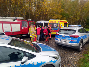trzy radiowozy, karetka pogotowia i wóz strażacki zaparkowane przy lesie, po środku ratownicy pogotowia medycznego, strażacy i policjanci