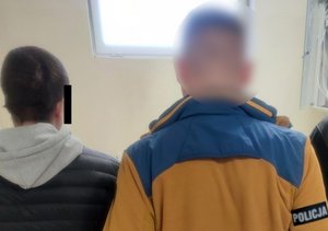 policjant prowadzi zatrzymanego - widok  z tyłu