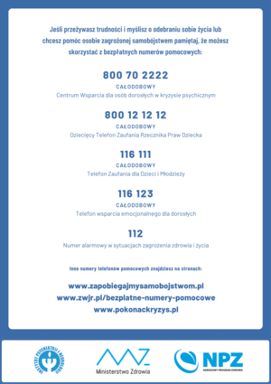 ulotka z numerami telefonów Instytucji Pomocowych dla osób w kryzysie