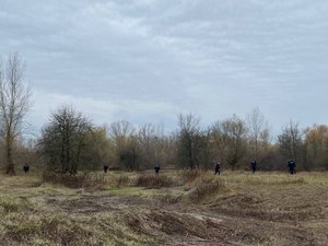 policjanci w trakcie poszukiwań w terenie trawiastym