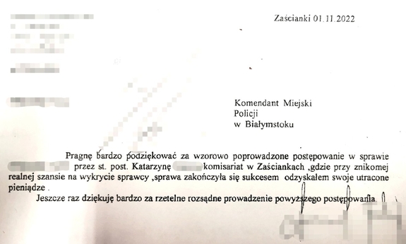 zdjęcie podziękowań dla policjantki