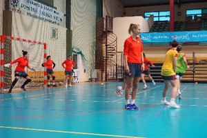 drużyna kobiet w piłkę nożną podczas treningu na hali