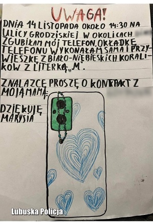 ulotka 10 letniej Marysi informująca o zagubieniu telefonu