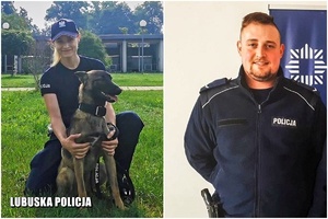 kolaż zdjęć: na pierwszym zdjęciu policjantka z psem służbowym, na drugim umundurowany policjant