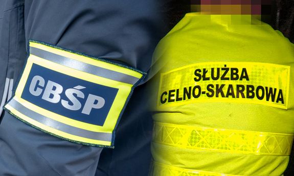 kolaż z dwóch zdjęć na którym widać ramie policjanta w opasce z napisem CBŚP i plecy funkcjonariusza w żółtej kamizelce z czarnym napisem Służba Celno - Skarbowa