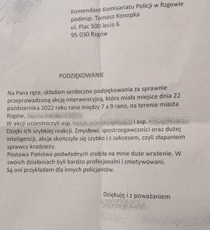 zdjęcie podziękowań dla policjantów, wersja dostępna cyfrowo w załączniku