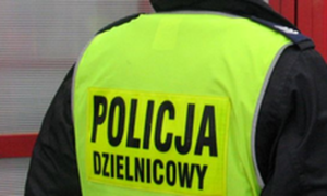 policjant w żółtej kamizelce z napisem: Policja dzielnicowy - widok z tyłu