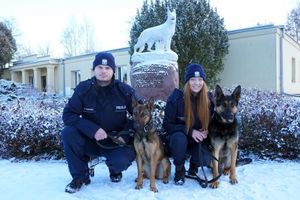 Policjant i policjantka z psami służbowymi