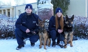 Policjant i policjantka z psami służbowymi