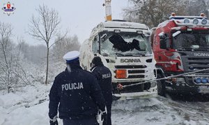 dwaj policjanci przy samochodzie scania