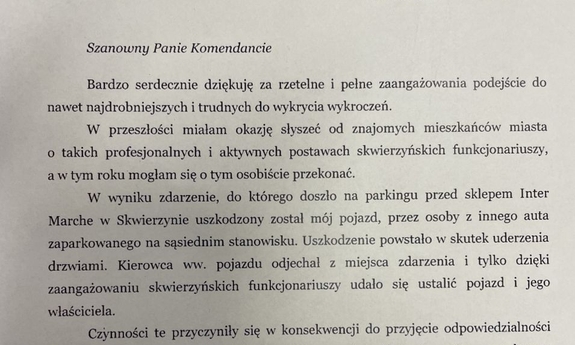 zdjęcie przesłanych podziękowań dla policjantów