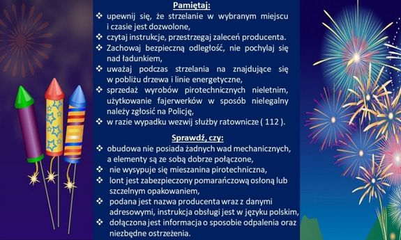 Grafika, na której znajdują się zasady dotyczące używania fajerwerków i sztuczne ognie. Zasady opisane na grafice znajdują się w tekście