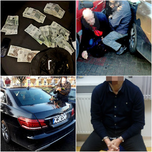 kolaż zdjęć: zabezpieczone pieniądze, auto, oraz zatrzymany mężczyzna