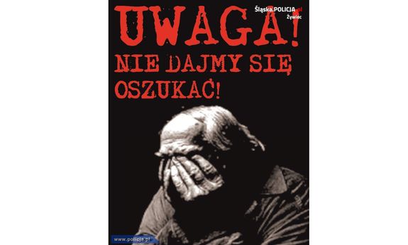 Czerwony napis na czarnym tle: Uwaga! Nie dajmy się oszukać i pod spodem mężczyzna trzymający twarz w dłoniach