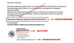 zrzut ekranu przedstawiającą fałszywa stronę internetową podszywającą się pod stronę Centralnego Biura Zwalczania Cyberprzestępczości