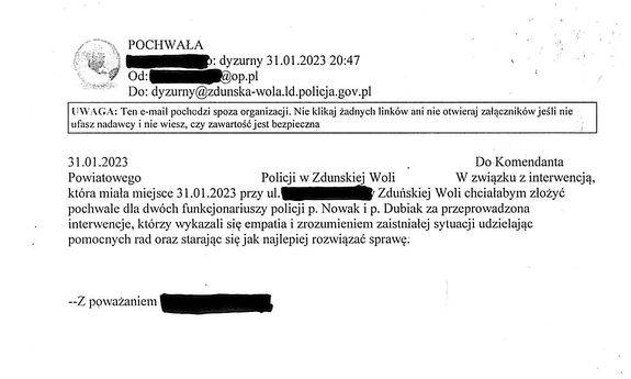 treść podziękowań dla dzielnicowych