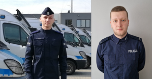 kolaż dwóch zdjęć: po lewej stronie widać policjanta w umundurowaniu ćwiczebnym stojącego przed radiowozami. Po prawej stronie znajduje się policjant w koszuli służbowej