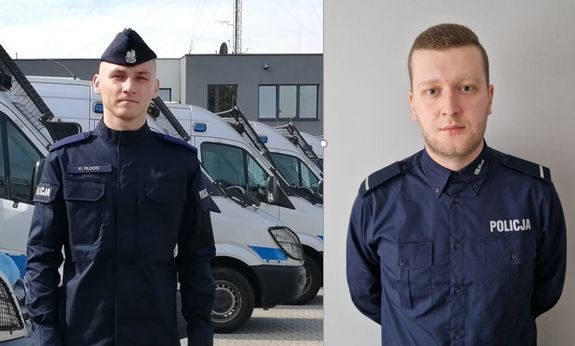 kolaż dwóch zdjęć: po lewej stronie widać policjanta w umundurowaniu ćwiczebnym stojącego przed radiowozami. Po prawej stronie znajduje się policjant w koszuli służbowej