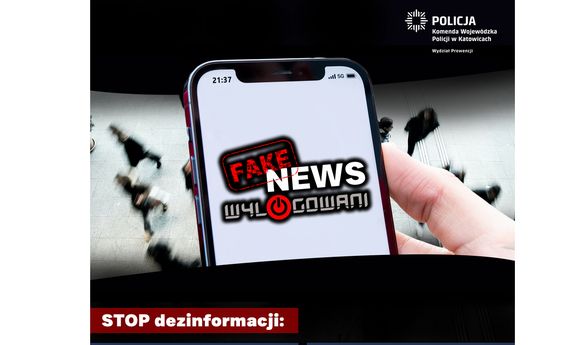 Telefon komórkowy, na którym znajduje się napis fake news wylogowani. Pod nim widnieje napis stop dezinformacji