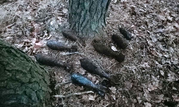 na zdjęciu leżące na ziemi, pod drzewem pociski powojenne