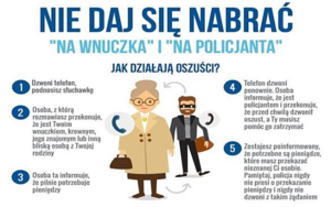 ulotka z napisem: Nie daj się nabrać &quot;na wnuczka&quot; i &quot;na policjanta&quot;. Jak działają oszuści. Dalej wymienione są porady, które zostały zamieszczone w tekście