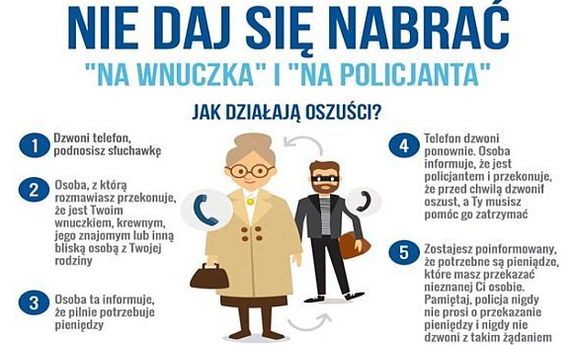 ulotka z napisem: Nie daj się nabrać &quot;na wnuczka&quot; i &quot;na policjanta&quot;. Jak działają oszuści. Dalej wymienione są porady, które zostały zamieszczone w tekście