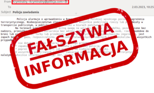 zdjęcie e-maila a na nim czerwony napis: Fałszywa informacja