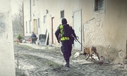 Na zdjęciu policjant i pies policyjny idący przy ścianie starego budynku