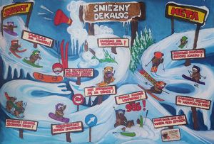 Praca prezentuje misie w roli narciarzy, którzy mają do pokonania trasę narciarską. Na trasie ukazane są różne sytuacje, które mogą wydarzyć się na stoku a na tabliczkach wymienione zostały zasady dekalogu narciarza.