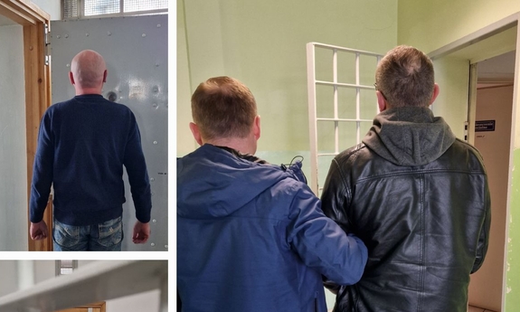 kolaż zdjęć z trzema zatrzymanymi, w lewym górnym rogu zatrzymany stoi tyłem, poniżej zatrzymany stoi za kratami po prawej stronie policjant prowadzi zatrzymanego