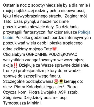 treść podziękowań, które opisane są w tekście