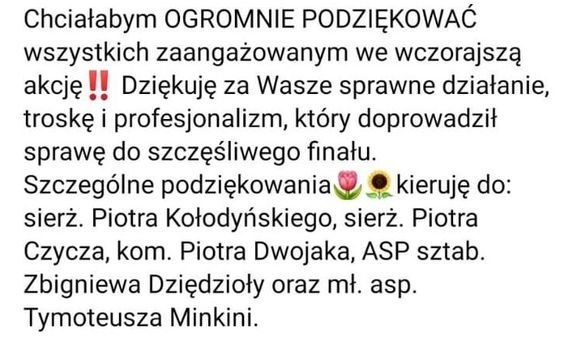 podziękowania przesłane do policjantów, pełny tekst znajduje się w komunikacie